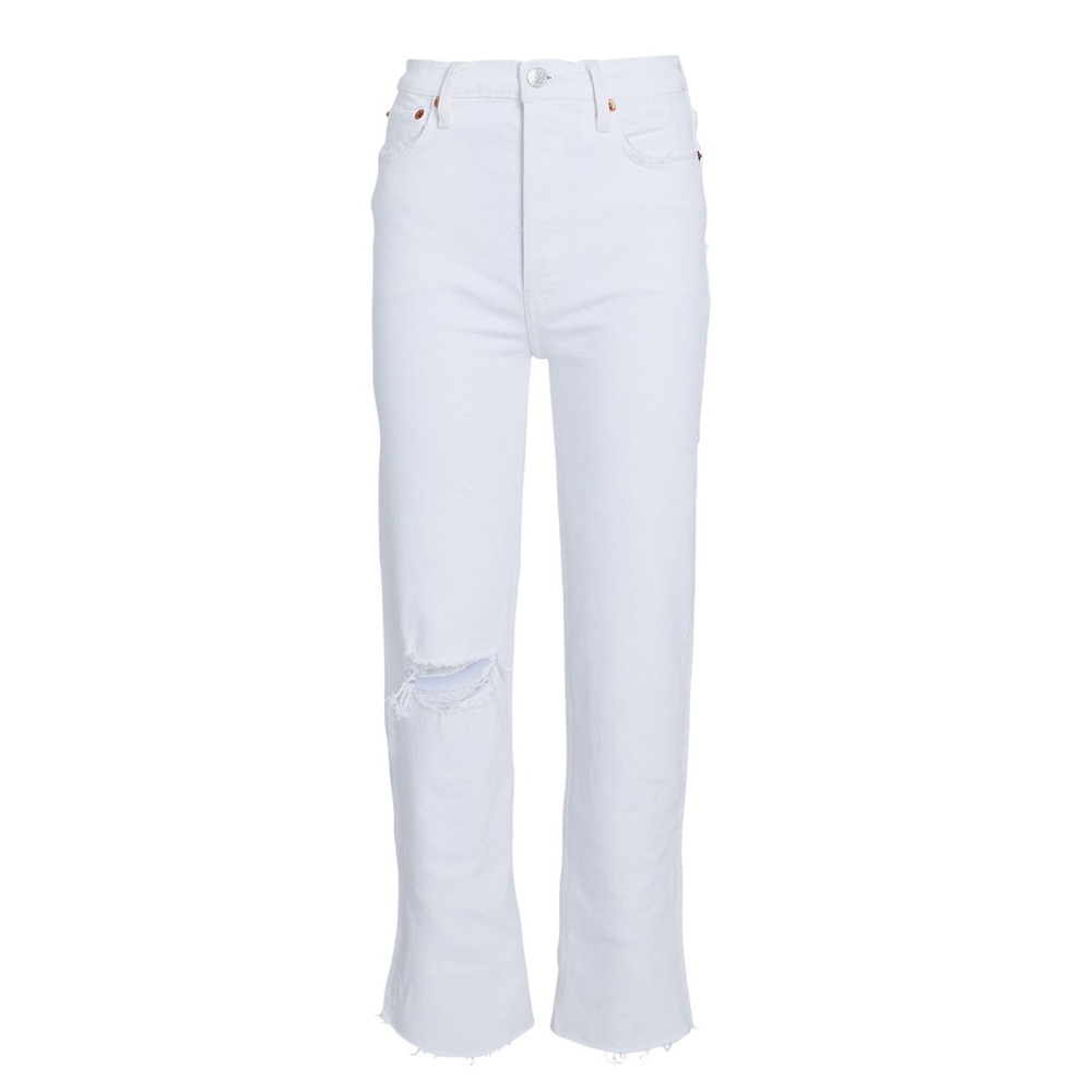 Re/Done White High-Rise Flare Jeans with Knee Distress